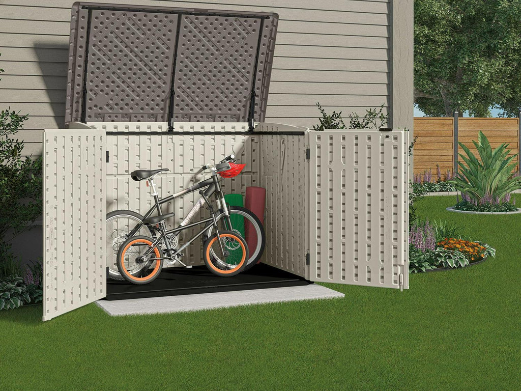 Suncast BMS4700 Resin Storage Shed, Off-White/Gray, 70.5′′W x 44.25′′D x 52′′H, Double Door, UV Resistant